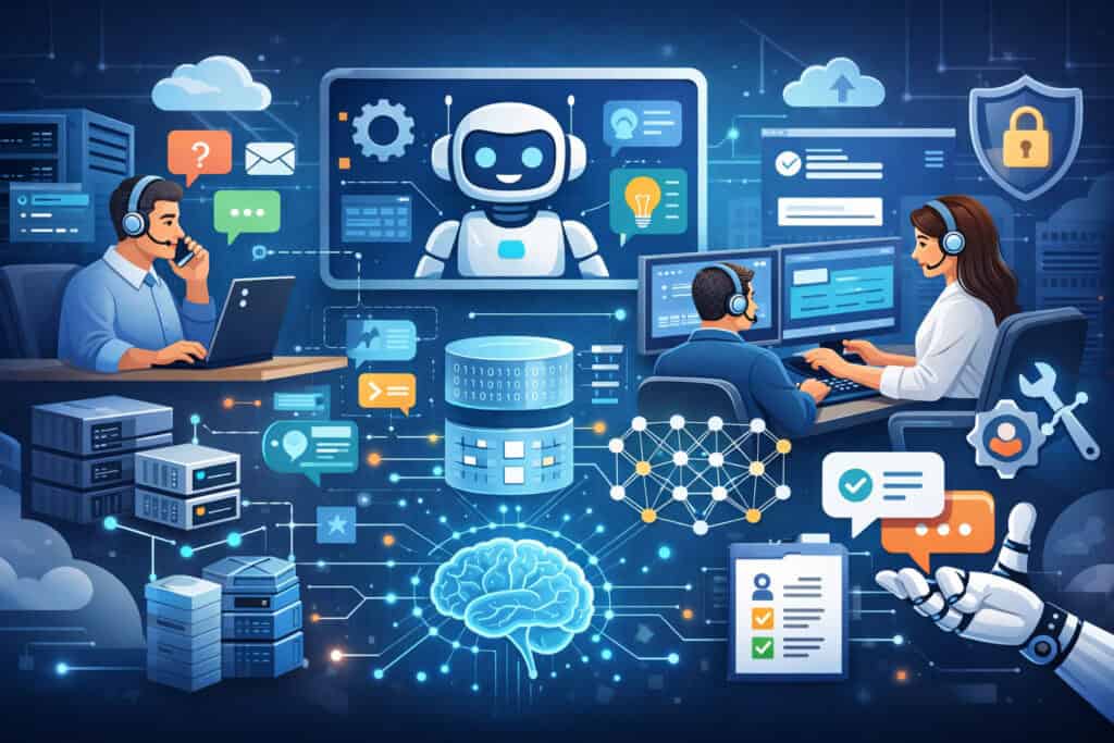 AI-powered customer support system with chatbot interface, human agents, data processing, and automation workflow visualization