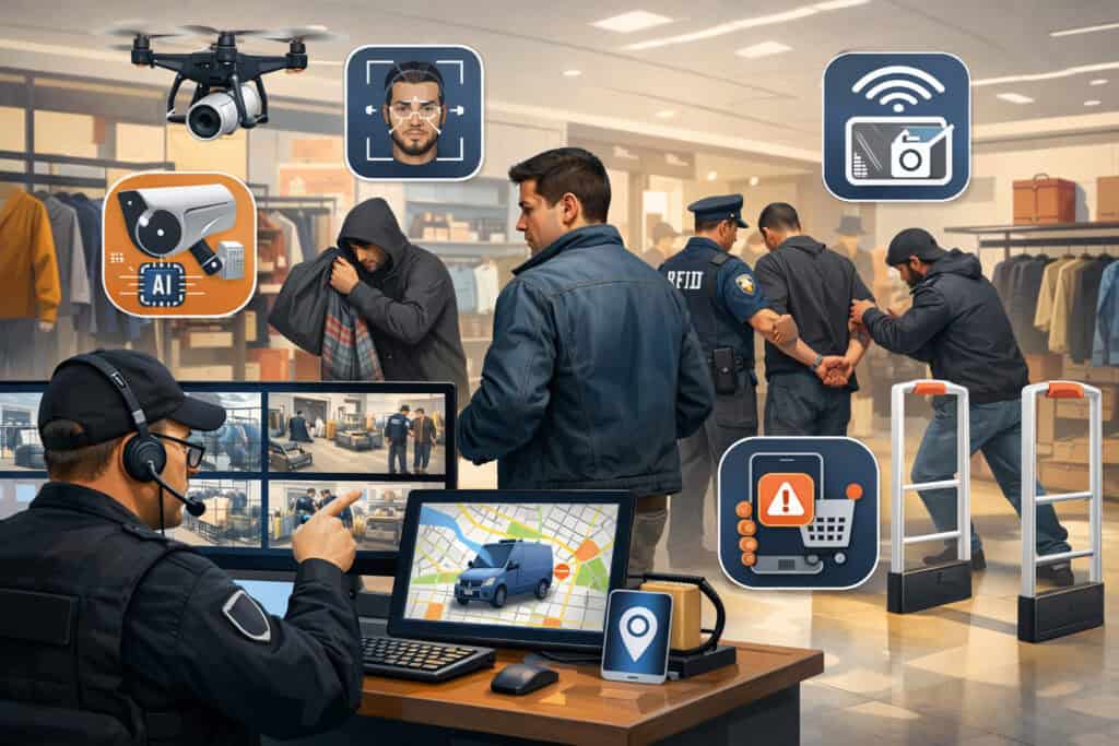 AI-powered retail security system monitoring organized retail crime with surveillance cameras, facial recognition, RFID tracking, and in-store loss prevention team intervention