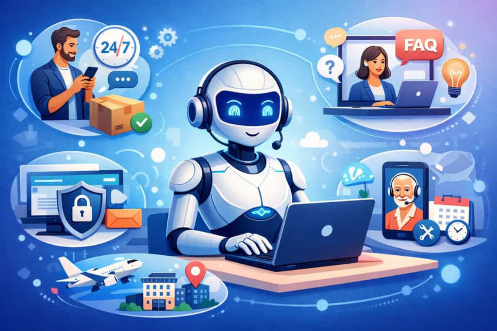 AI customer service agent handling support tasks like order tracking, FAQs, security, and 24/7 customer assistance in a modern digital environment