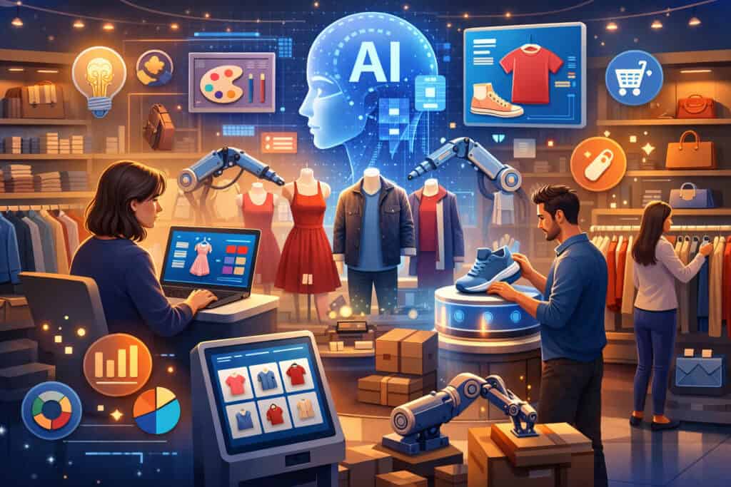 Futuristic retail store powered by generative AI with digital product design, automated merchandising robots, and smart inventory analytics interfaces