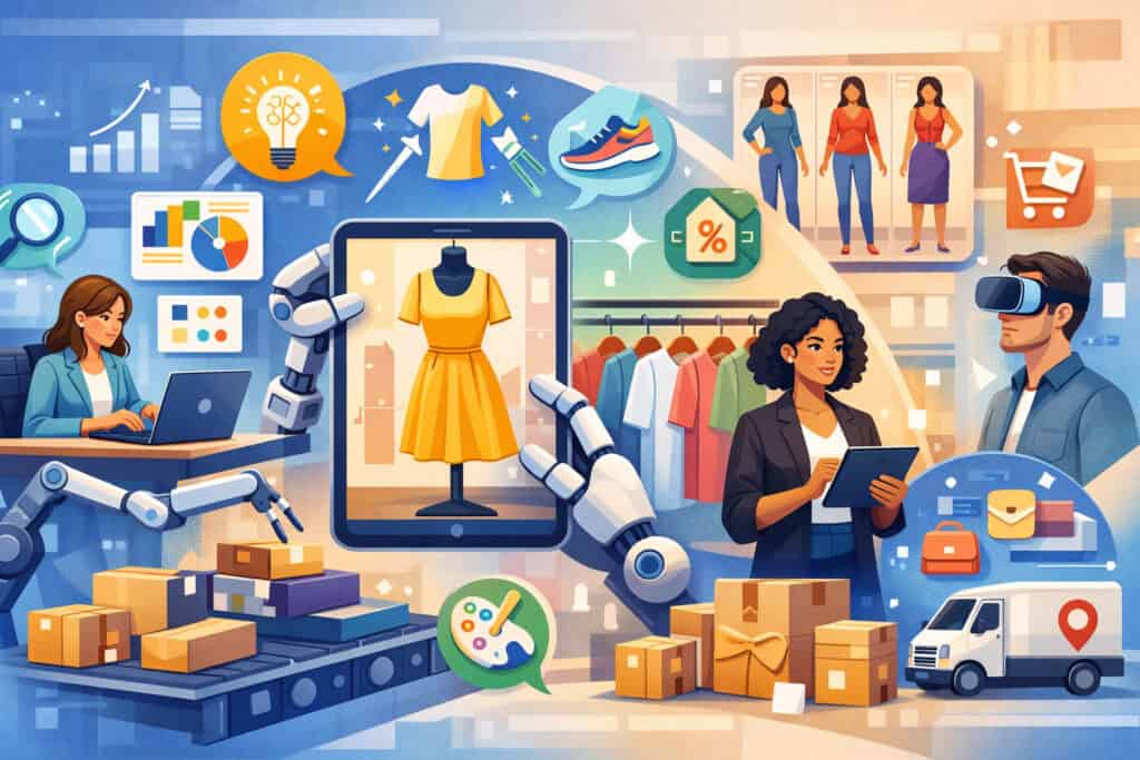 Generative AI transforming retail merchandising with automated inventory management, product visualization, virtual try-on experiences, and data-driven analytics in a modern digital commerce environment