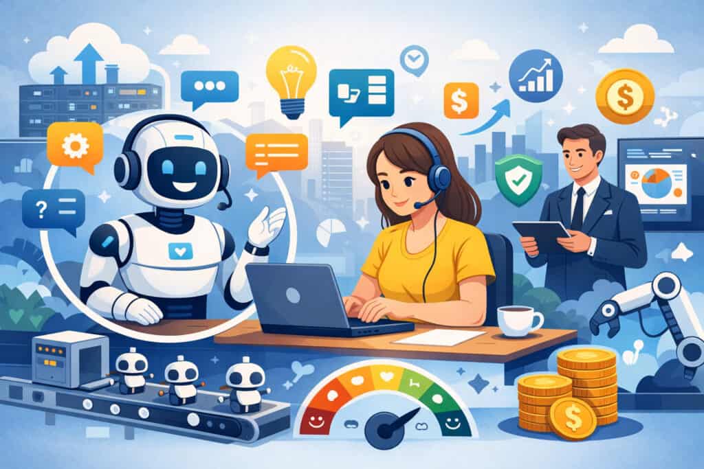 AI-powered customer support illustration showing chatbot assisting a user alongside human agent, analytics dashboard, automation icons, and business growth elements
