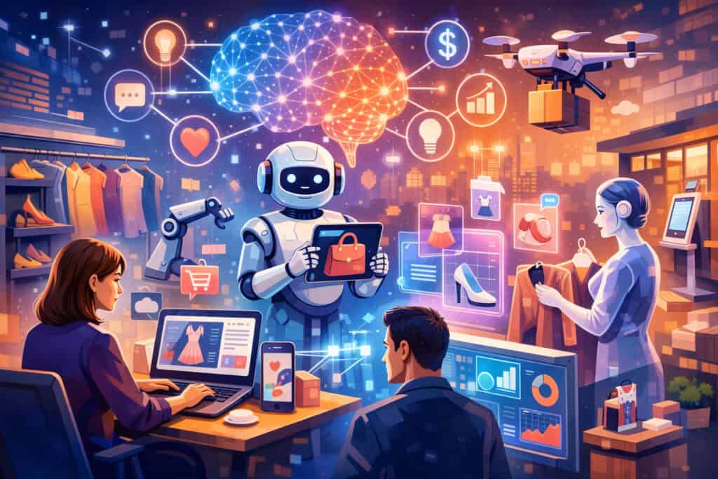 Generative AI transforming retail operations with digital assistants, data analytics dashboards, smart merchandising, and automated delivery systems in a futuristic store environment