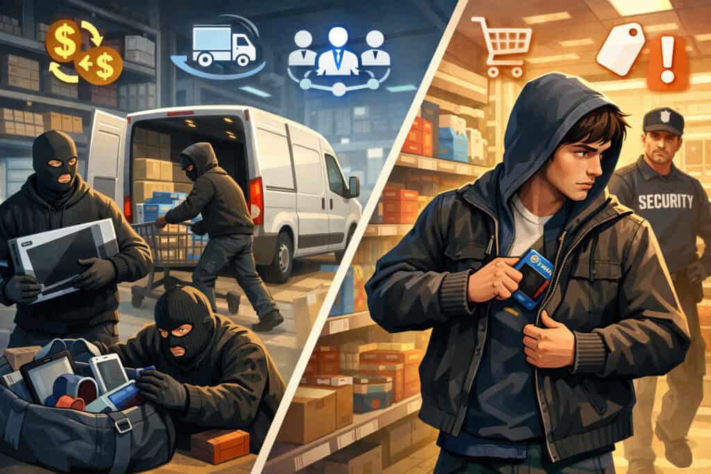 Illustration comparing organized retail crime involving coordinated group theft and resale operations versus a lone individual shoplifting item under store security surveillance