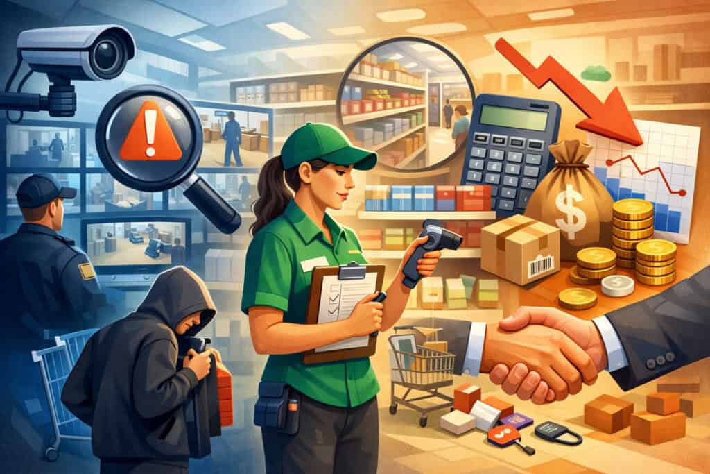 Retail shrink management concept illustration showing store surveillance, inventory scanning, theft prevention, and financial impact with declining profits and business trust elements